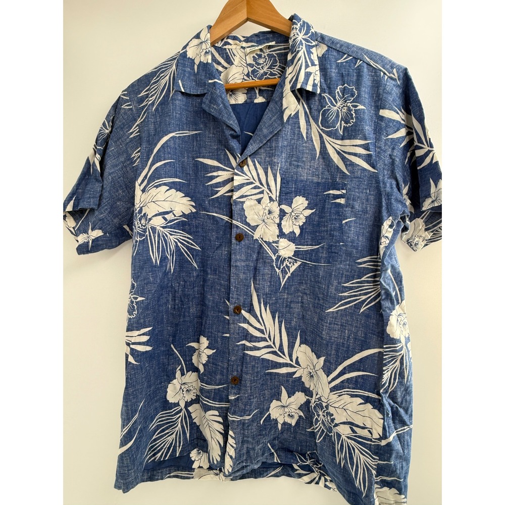 Made in Hawaii Vintage Tropical Floral‎ Print Camp Shirt Blue White Short Sleeve